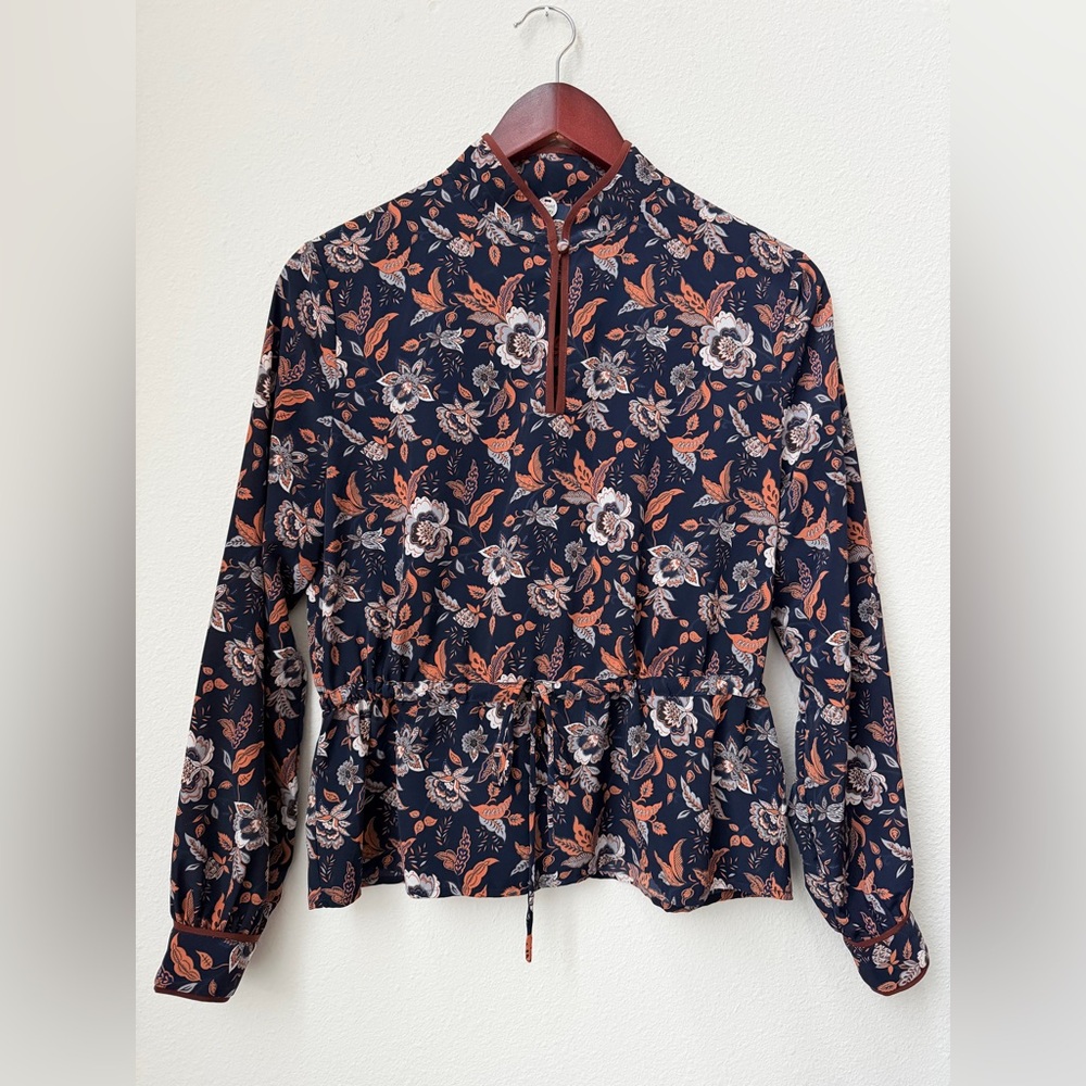 Margaret O’Leary Long Sleeve Boho Floral Top Blouse Navy Mandarin Collar Size S - Picture 3 of 11
